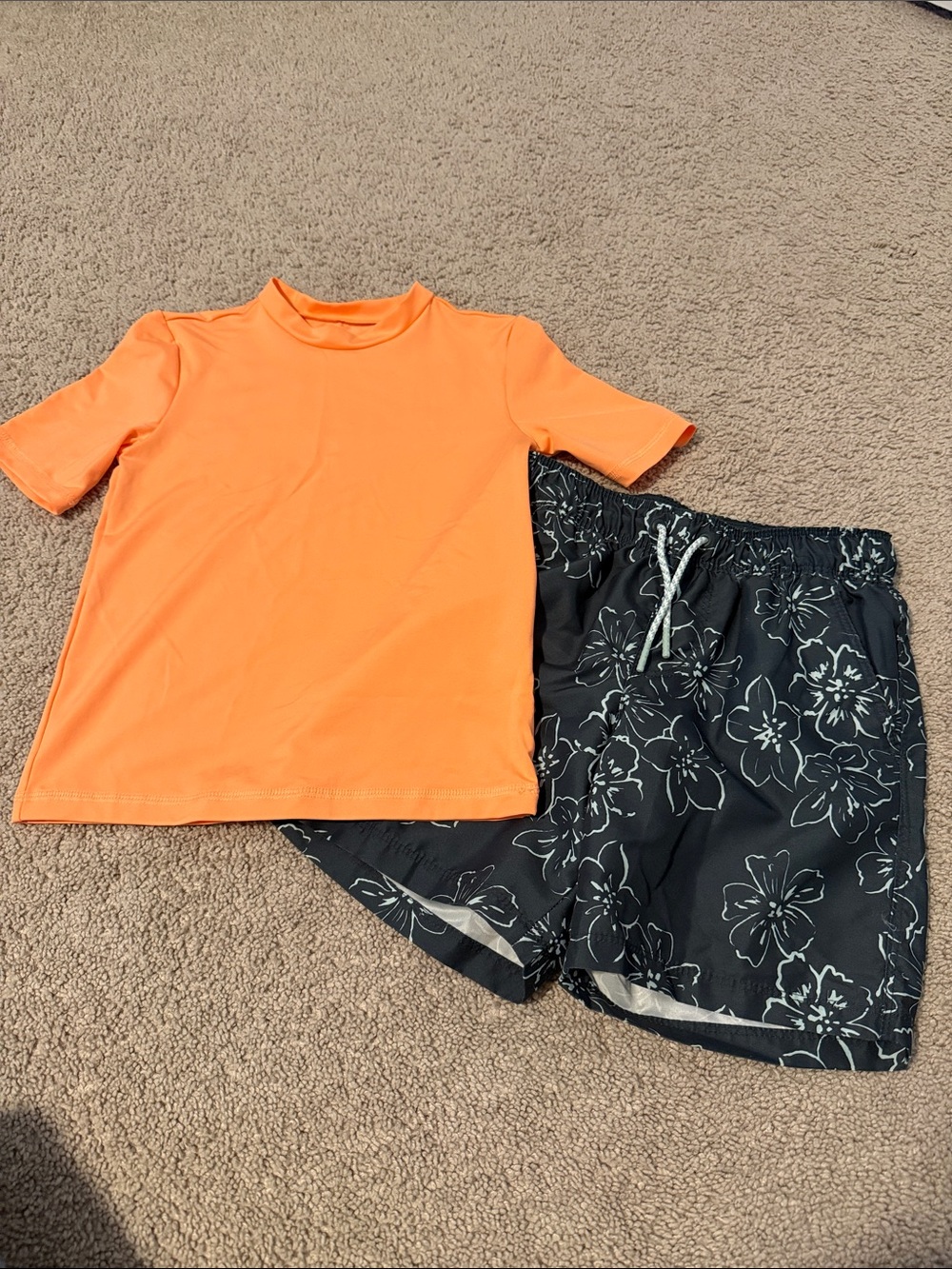 Cat & Jack Orange Rash Guard with Black Floral Swim Trunks
